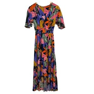 Abel the‎ Label Maxi Dress Small Elastic Waist Tropical Colorful Print Hi Lo Hem